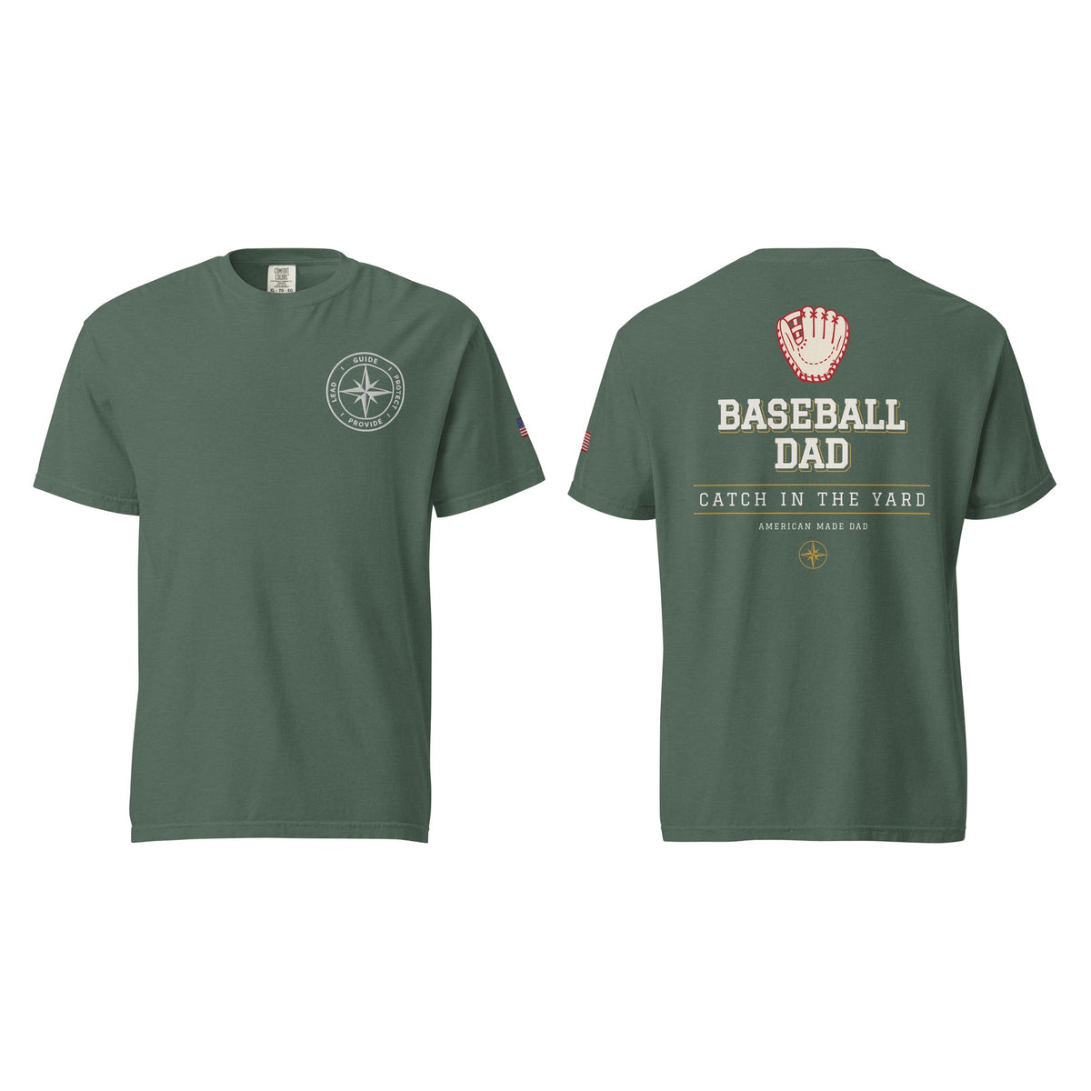 Baseball Dad tee in Blue Spruce, front and back