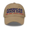 Front of a khaki classic dad hat with the embroidered American Made Dad compass
