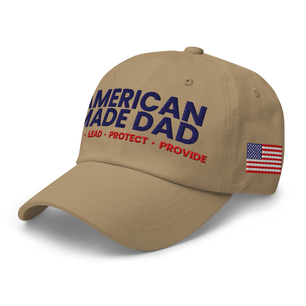 Left angle of a khaki classic dad hat with the embroidered compass on the front
