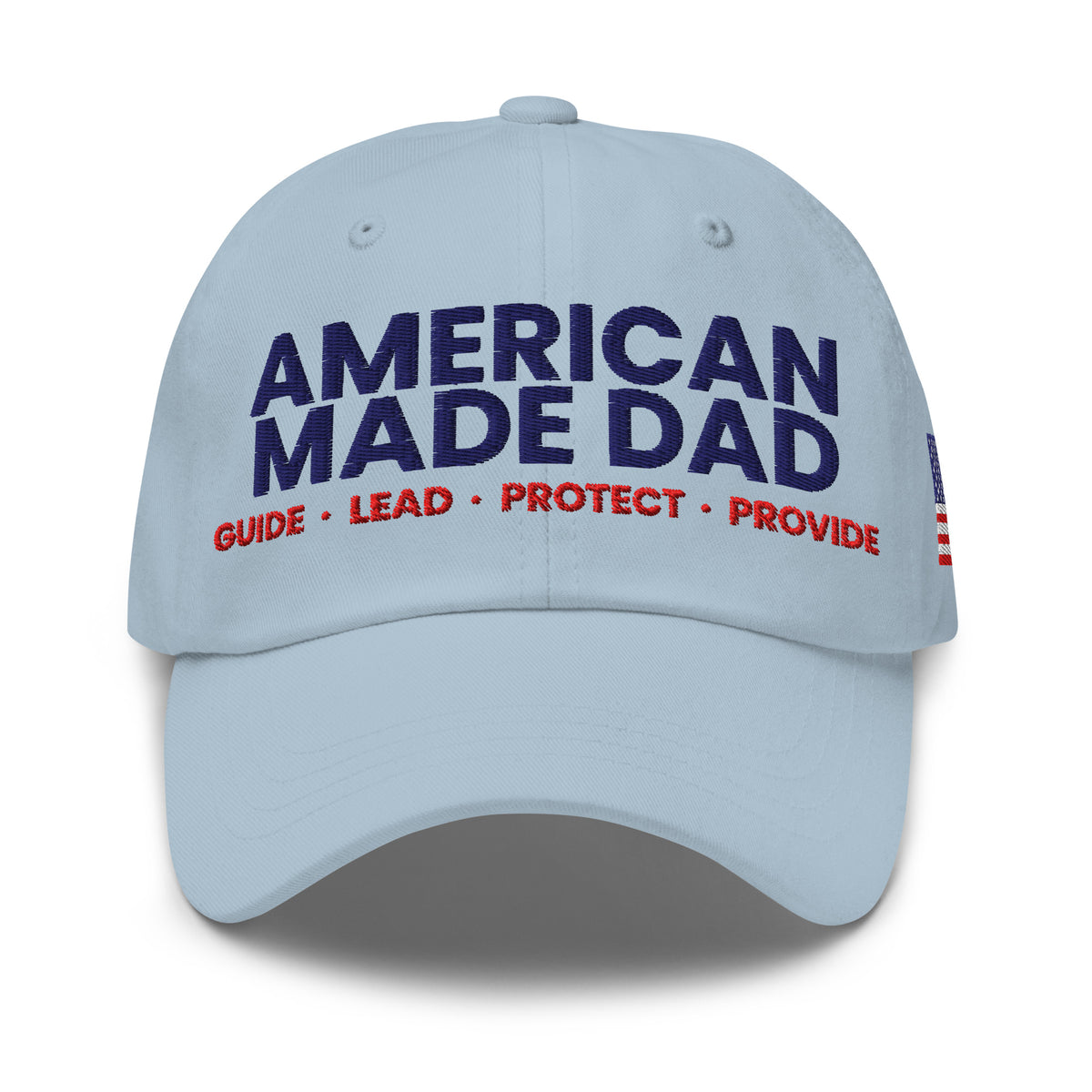 Front of a light blue classic dad hat with the embroidered American Made Dad compass