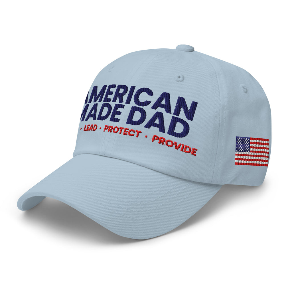 Left angle of a light blue classic dad hat with the embroidered compass on the front