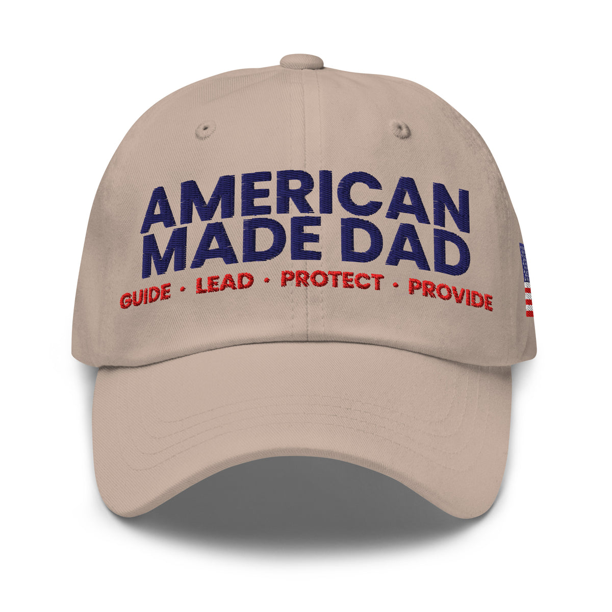 Front of a stone classic dad hat with the embroidered American Made Dad compass