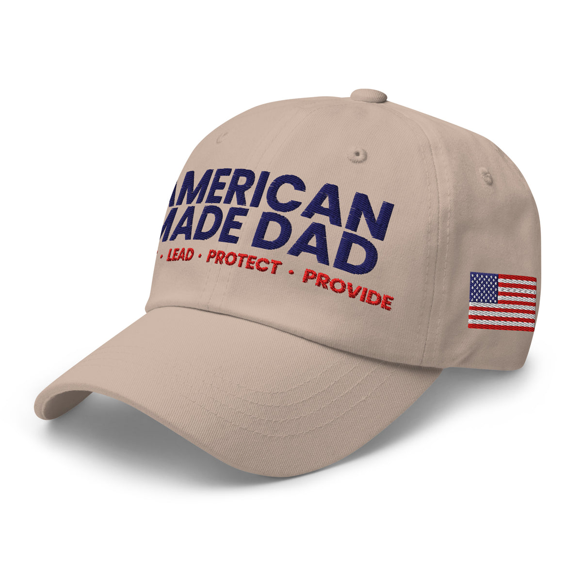Left angle of a stone classic dad hat with the embroidered compass on the front
