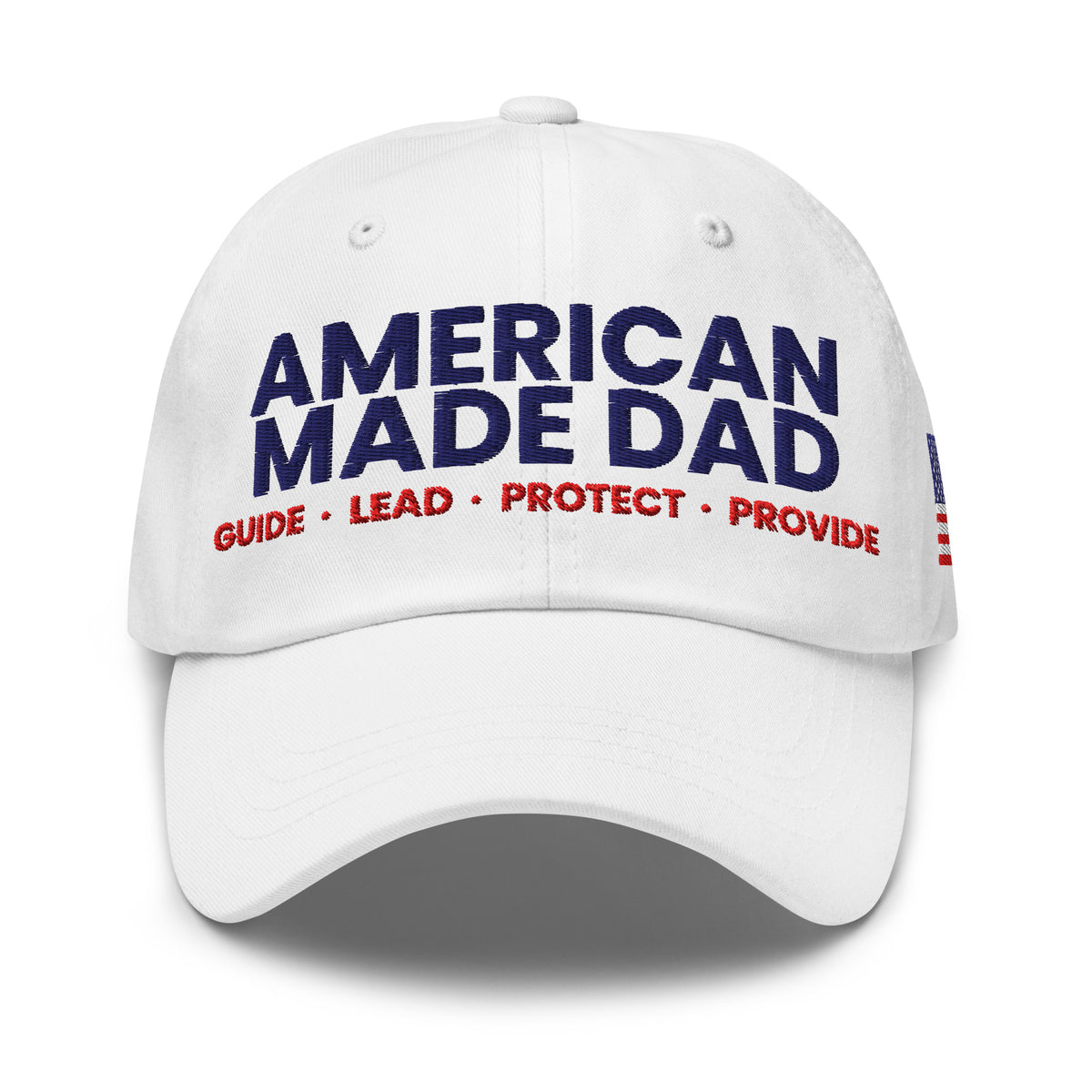 Front of a white classic dad hat with the embroidered American Made Dad compass