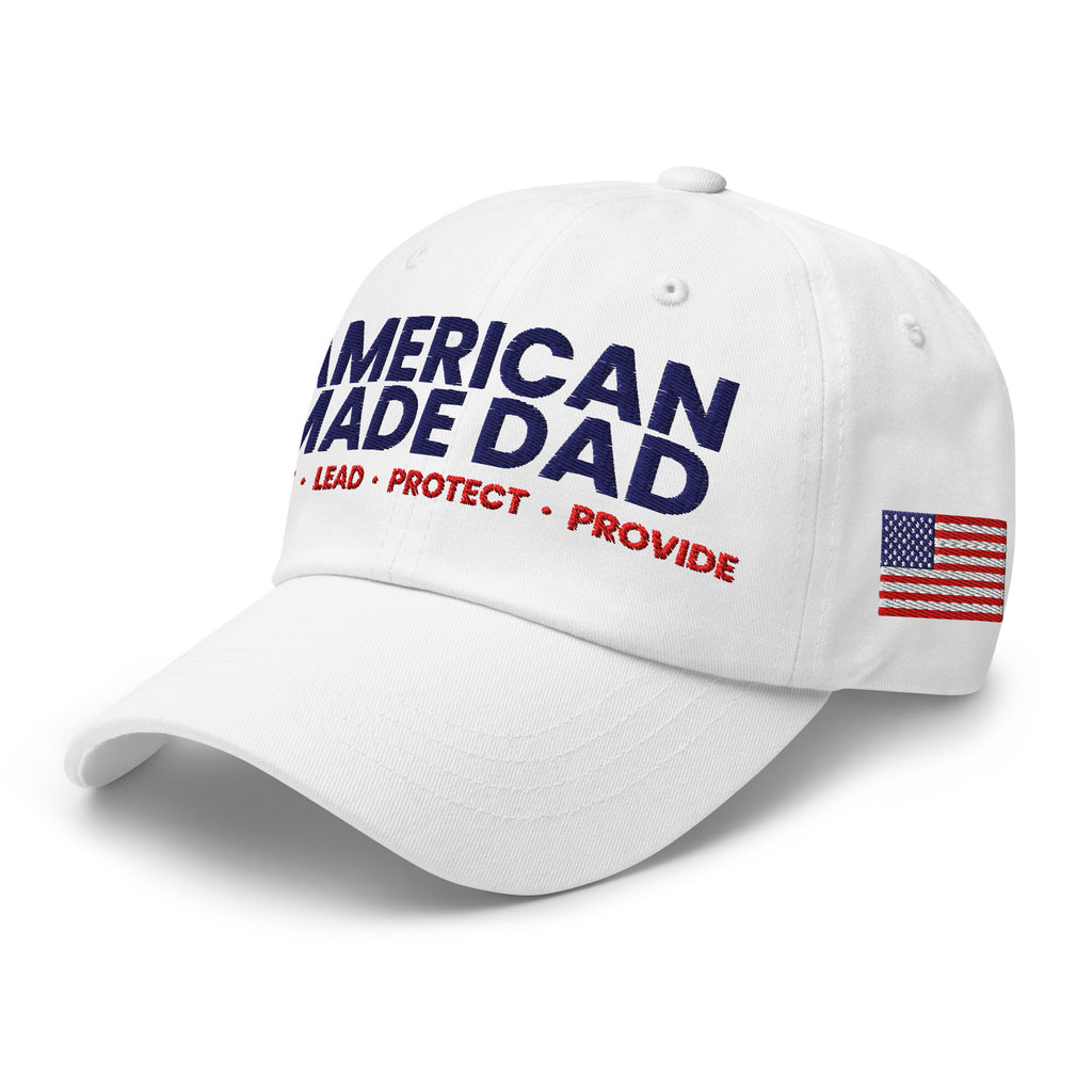 Left angle of a white classic dad hat with the embroidered compass on the front