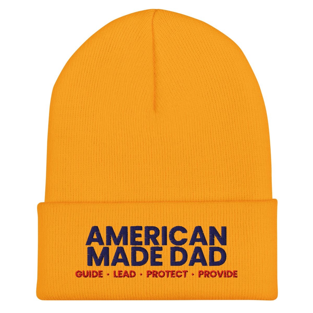 Front of a gold cuffed beanie with the embroidered American Made Dad compass