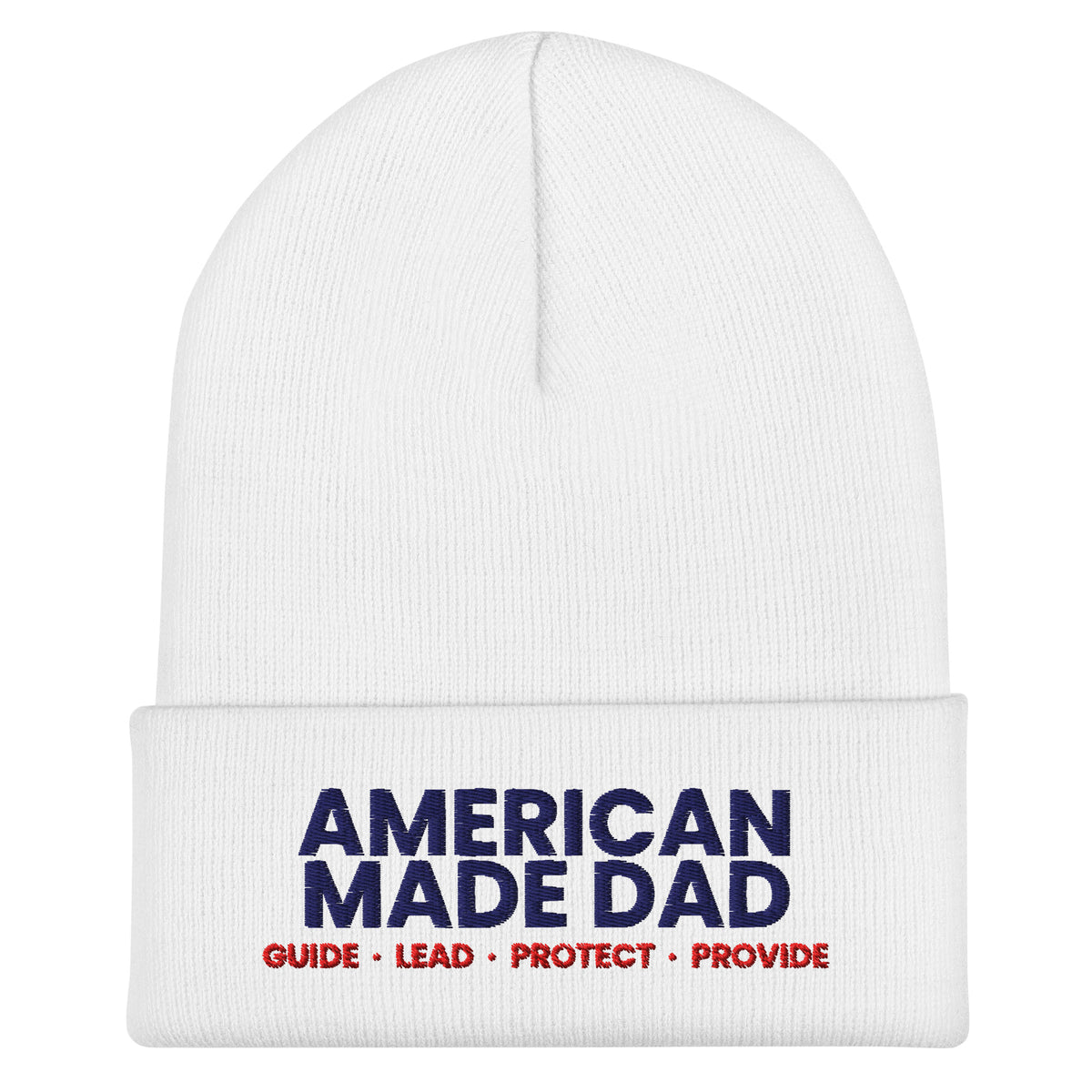 Front of a white cuffed beanie with the embroidered American Made Dad compass
