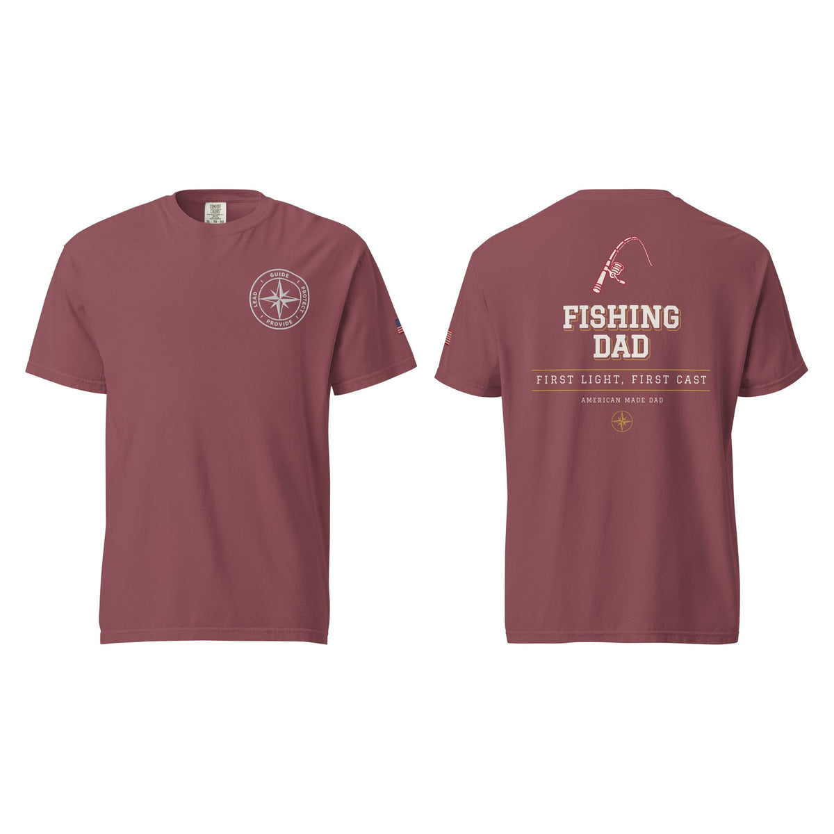 Fishing Dad tee in Brick, front and back