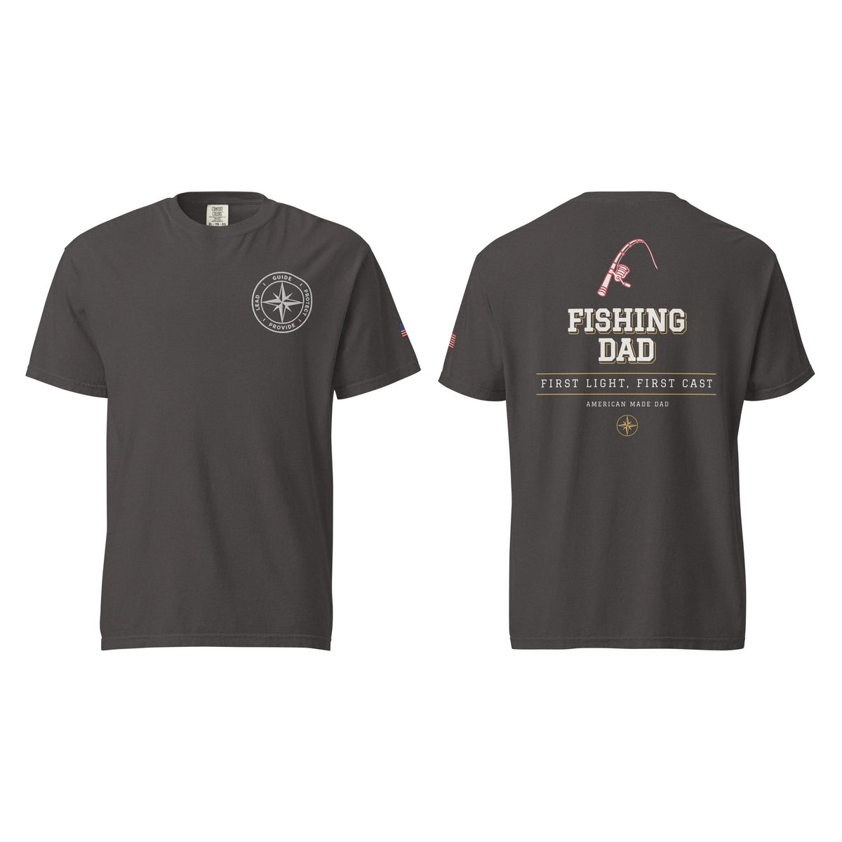 Fishing Dad tee in Graphite, front and back