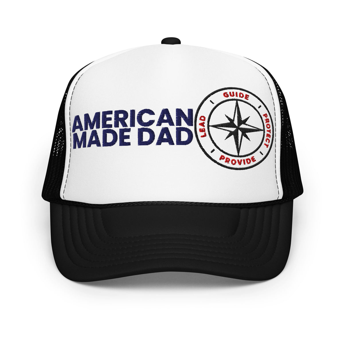 Front of a black and white foam trucker hat with the American Made Dad wordmark and compass