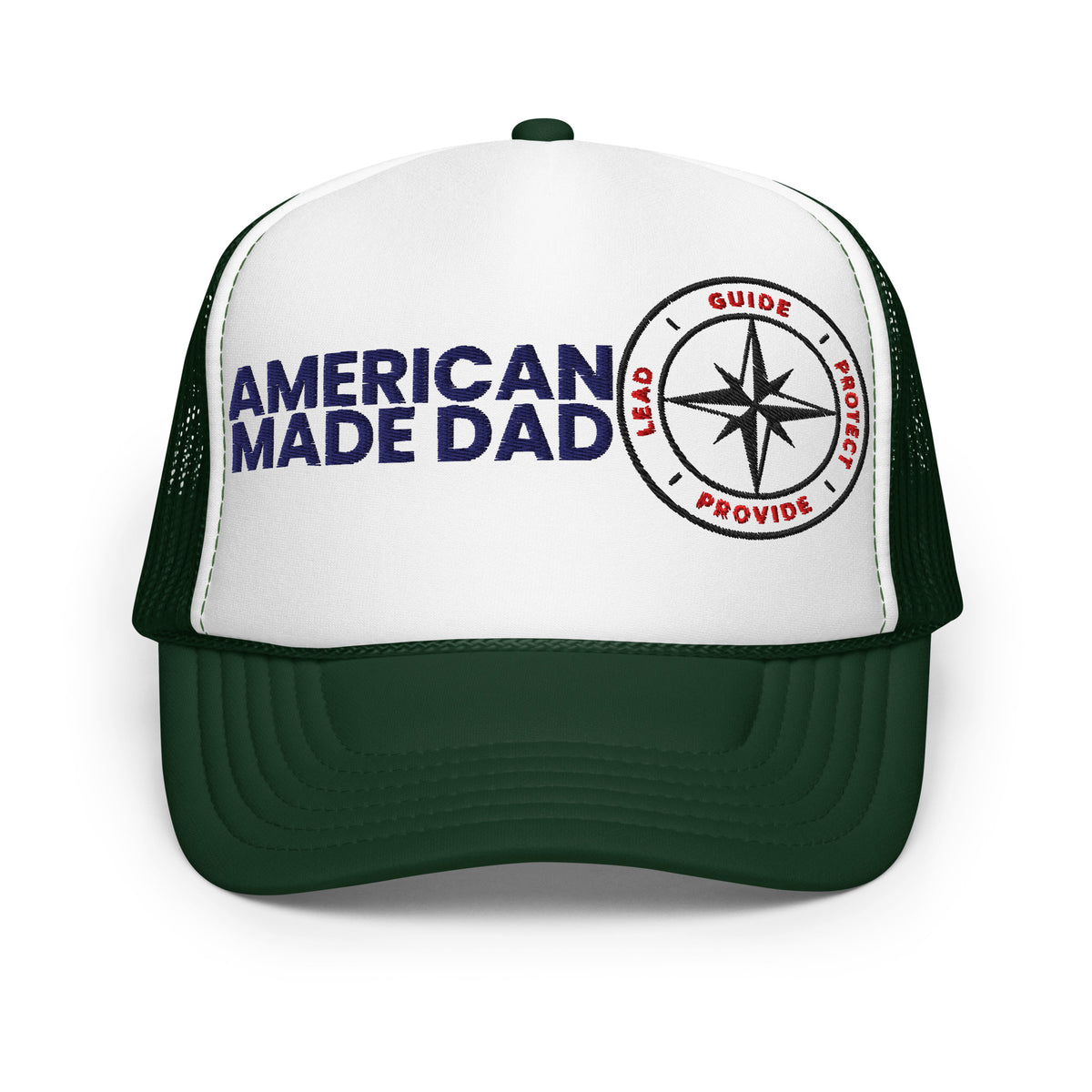 Front of a dark green and white foam trucker hat with the American Made Dad wordmark and compass