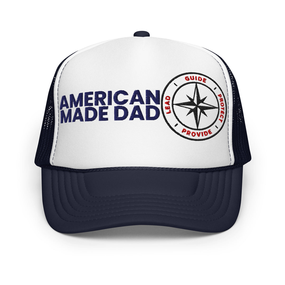 Front of a navy and white foam trucker hat with the American Made Dad wordmark and compass