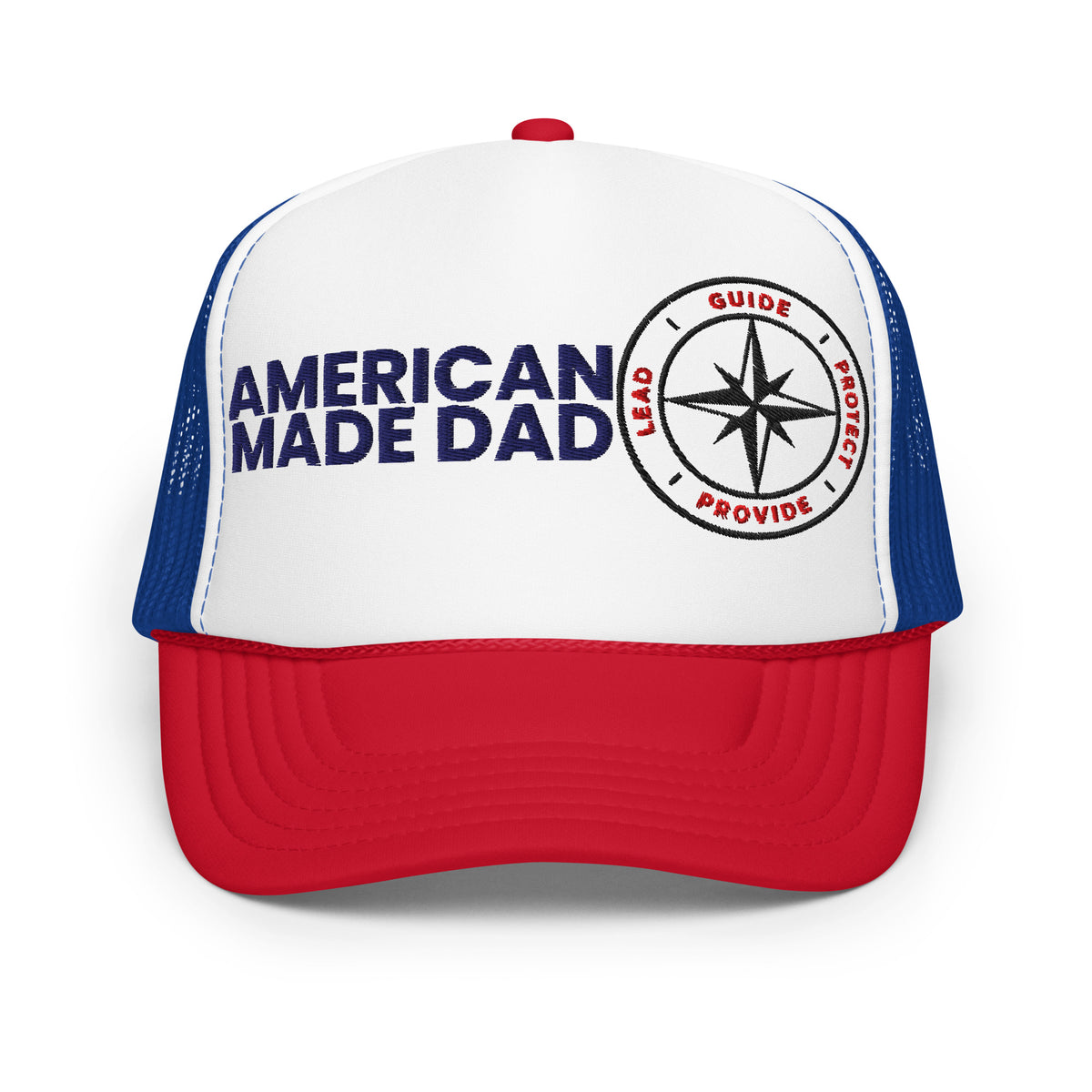 Front of a red, white and royal foam trucker hat with the American Made Dad wordmark and compass