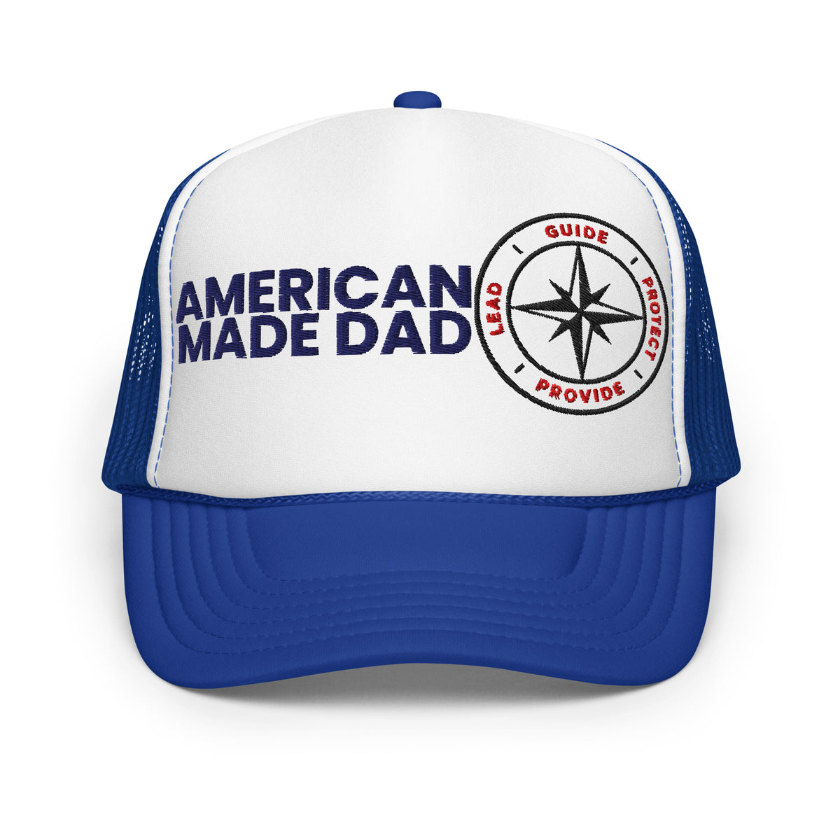 Front of a royal and white foam trucker hat with the American Made Dad wordmark and compass