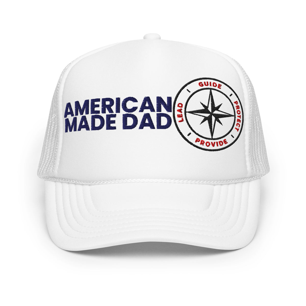 Front of an all white foam trucker hat with the American Made Dad wordmark and compass