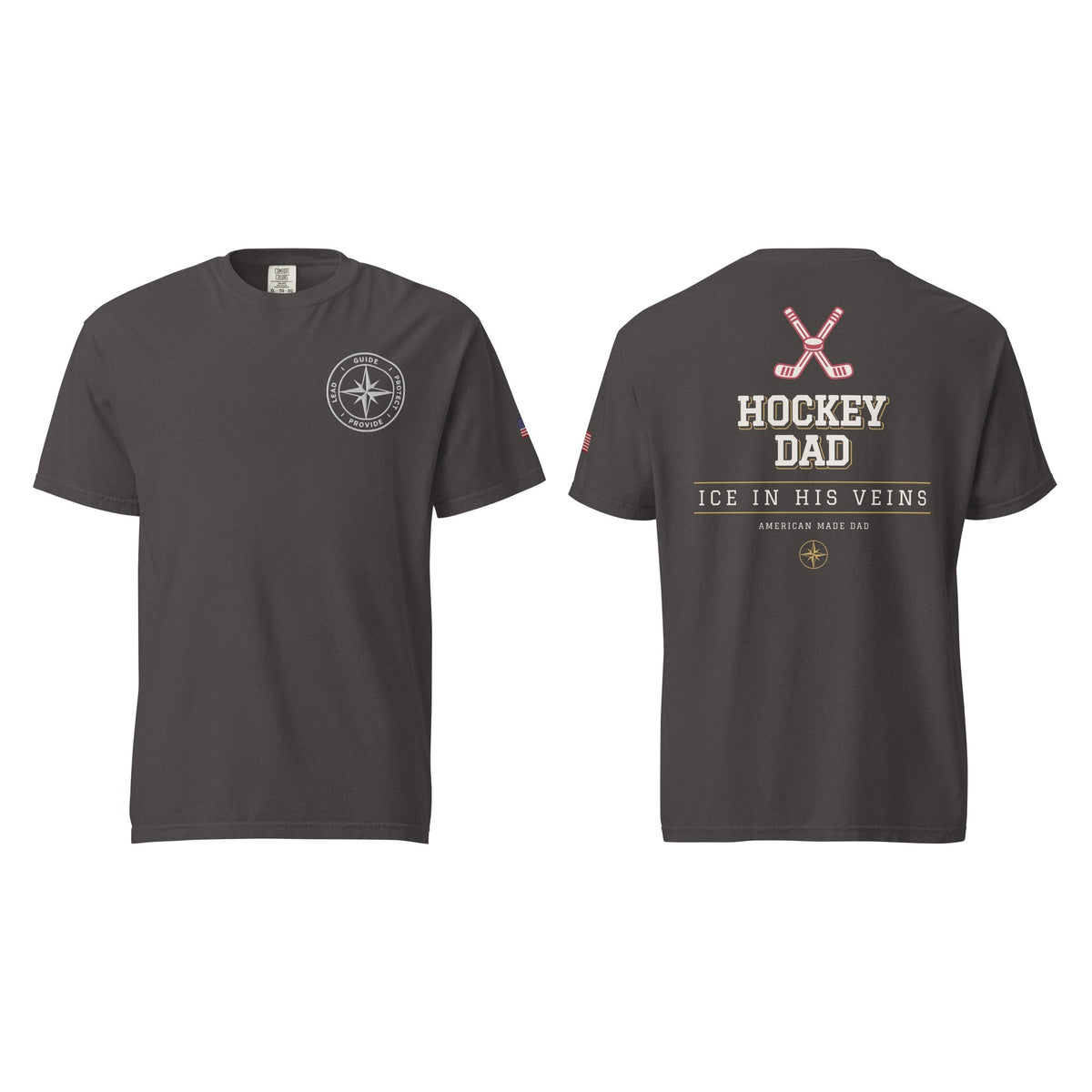 Hockey Dad tee in Graphite, front and back