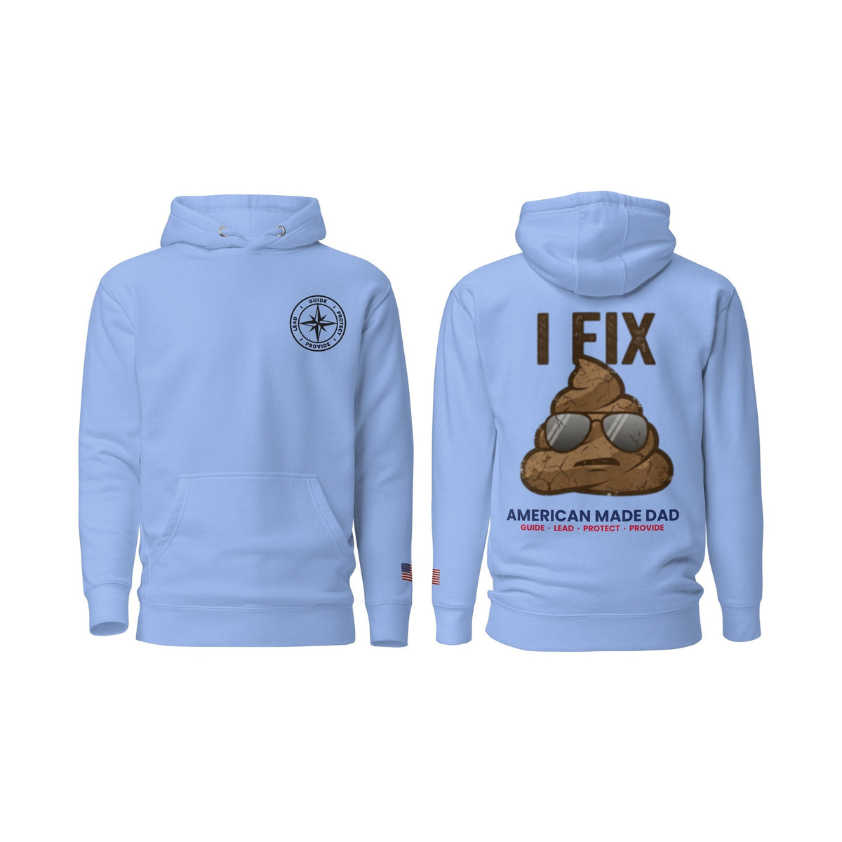 I Fix S#!t hoodie, Carolina Blue, front and back