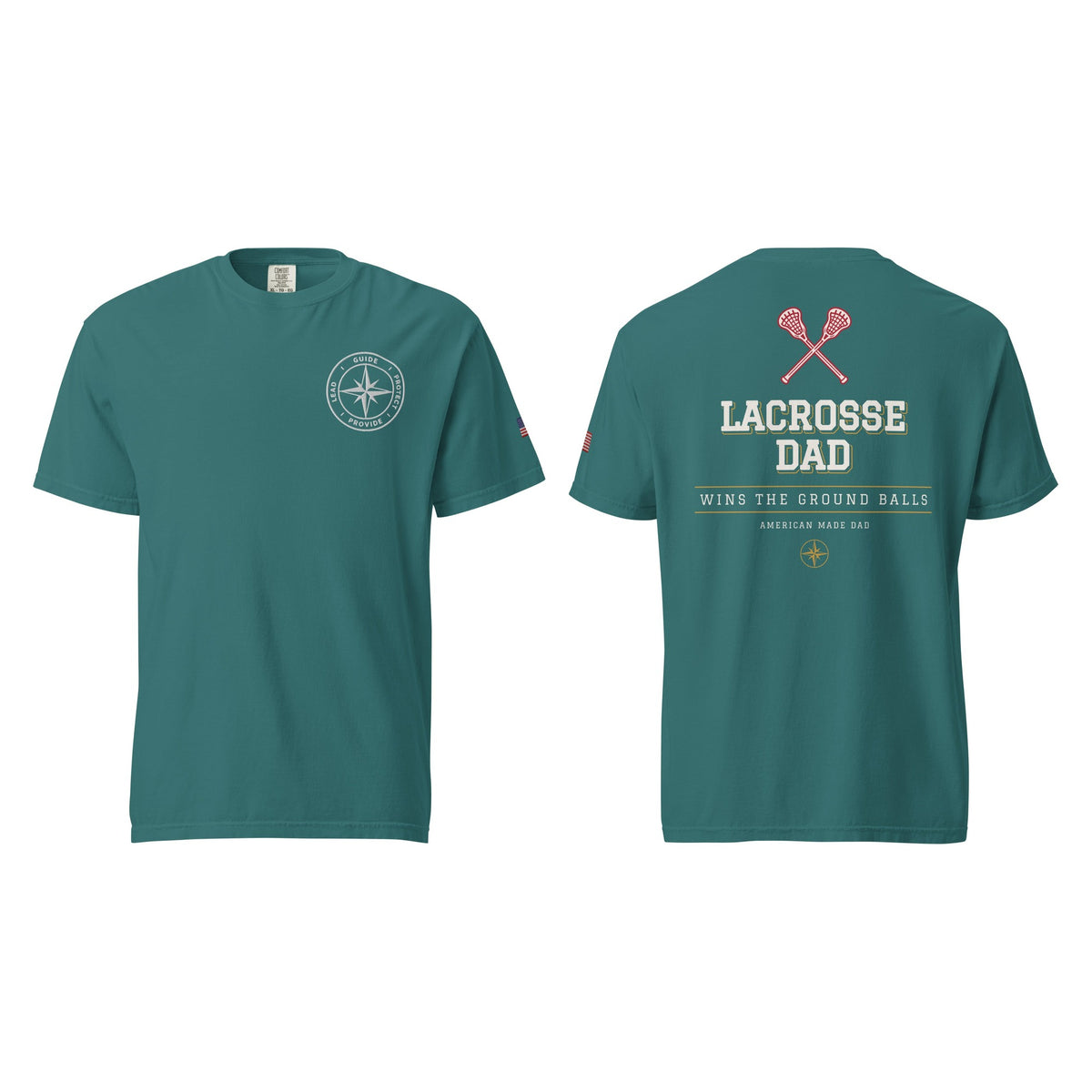 Lacrosse Dad tee in Emerald, front and back