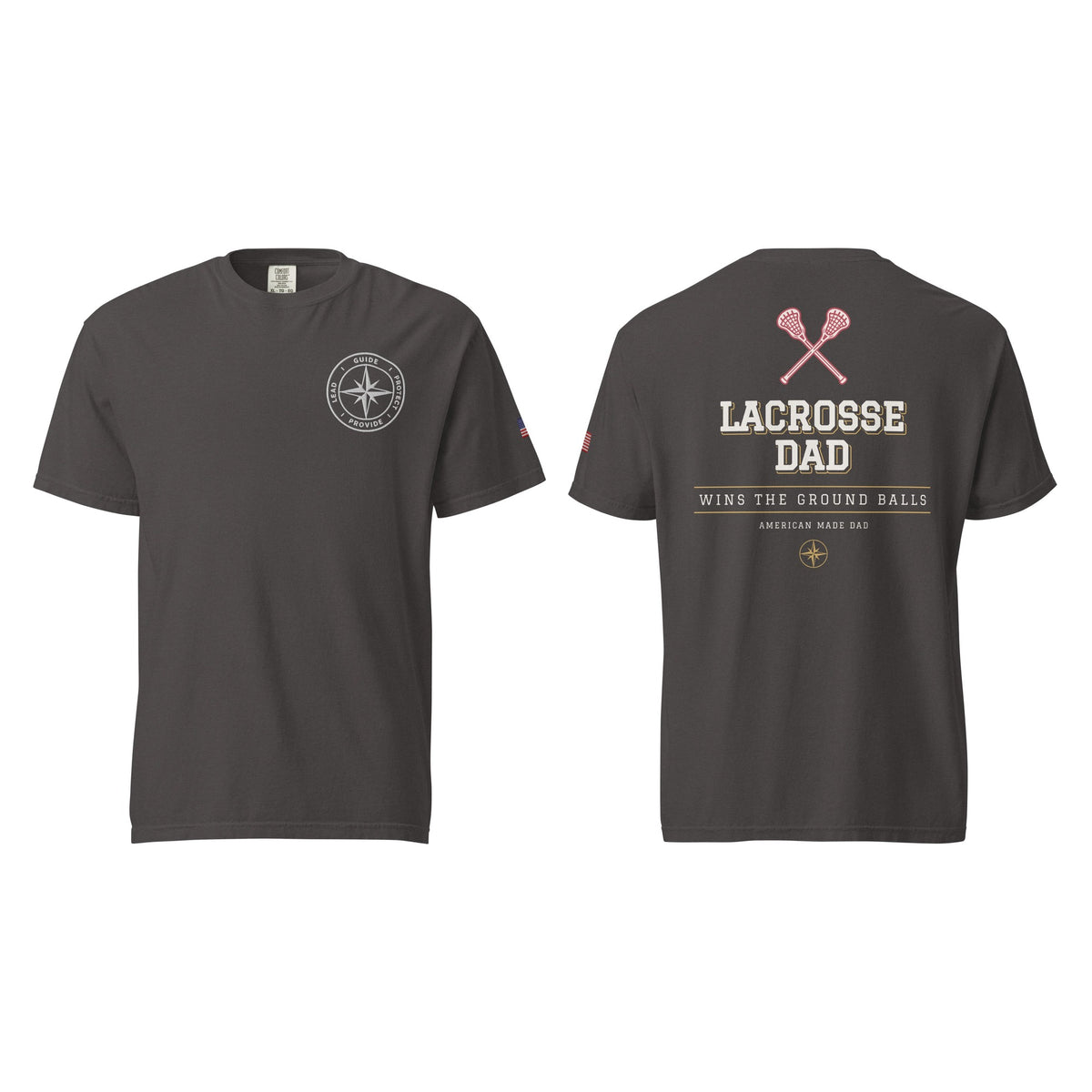 Lacrosse Dad tee in Graphite, front and back