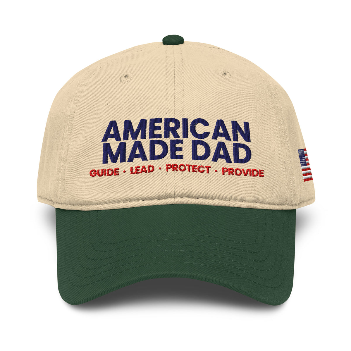 Front of a dark green and khaki garment washed cap with the embroidered American Made Dad compass
