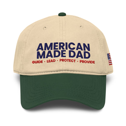 Front of a dark green and khaki garment washed cap with the embroidered American Made Dad compass