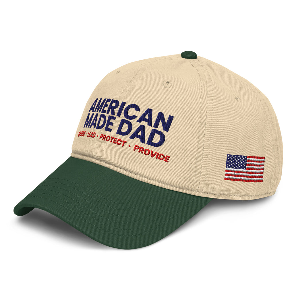 Left angle of a dark green and khaki garment washed cap with the embroidered compass on the front