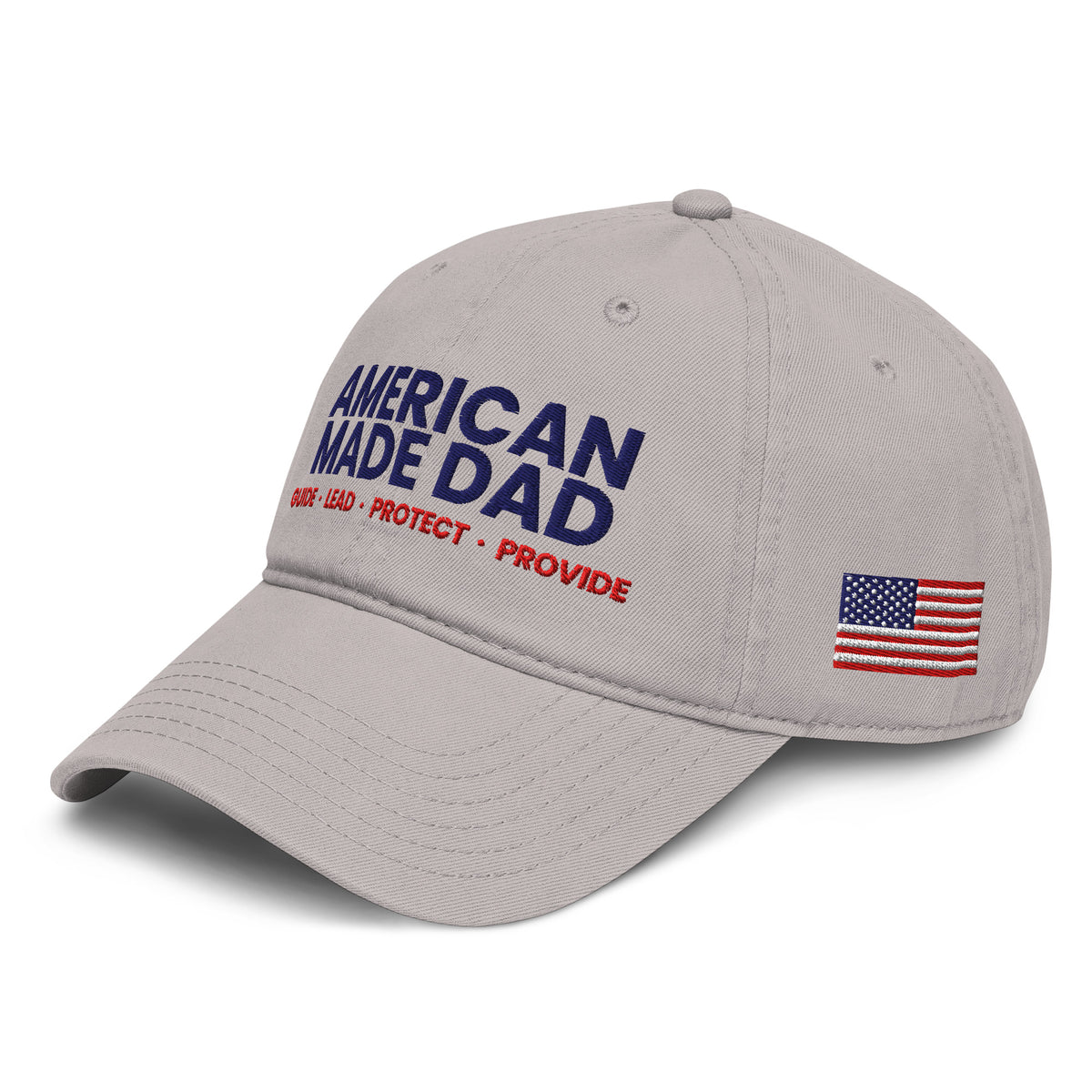 Left angle of a gray garment washed cap with the embroidered compass on the front