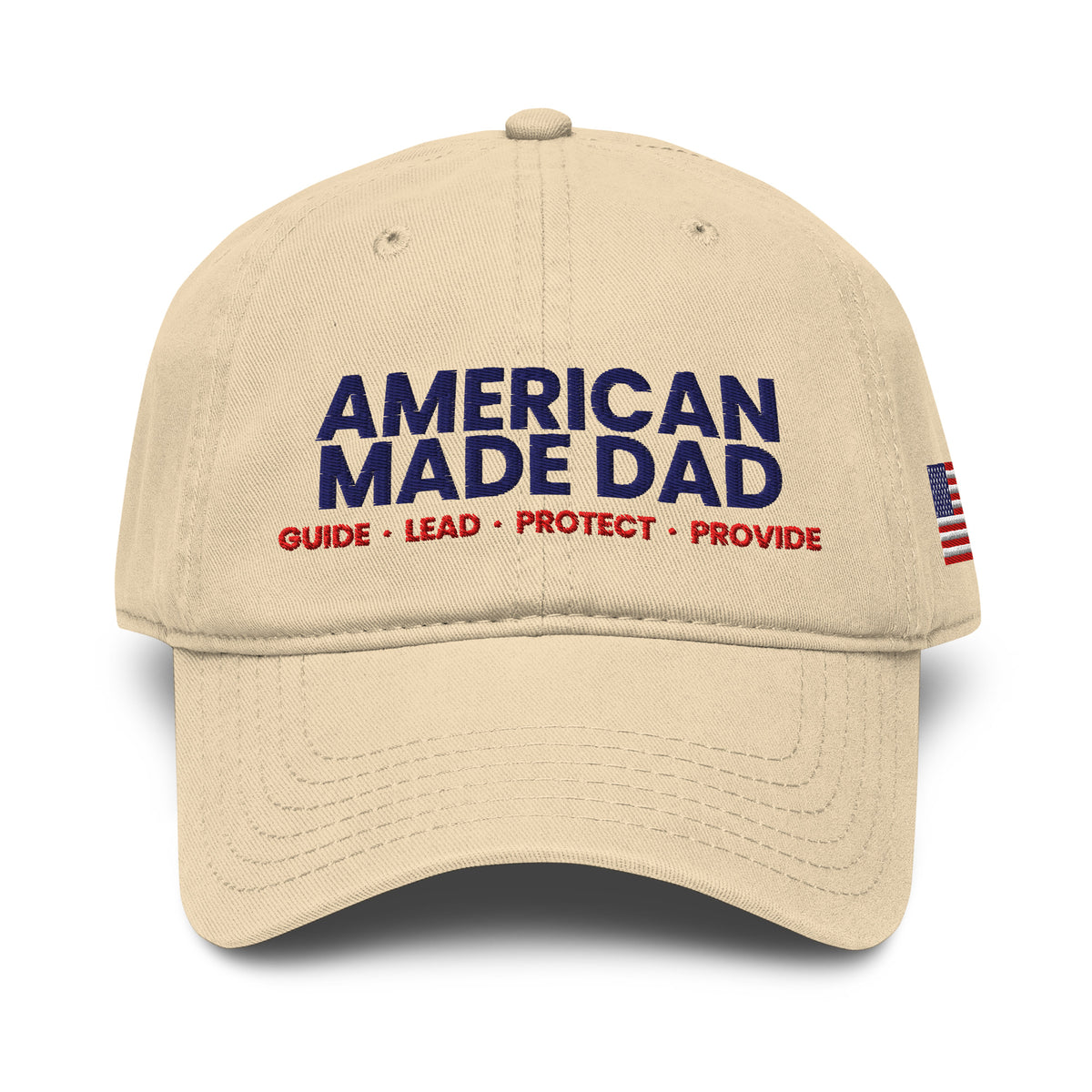 Front of a khaki garment washed cap with the embroidered American Made Dad compass