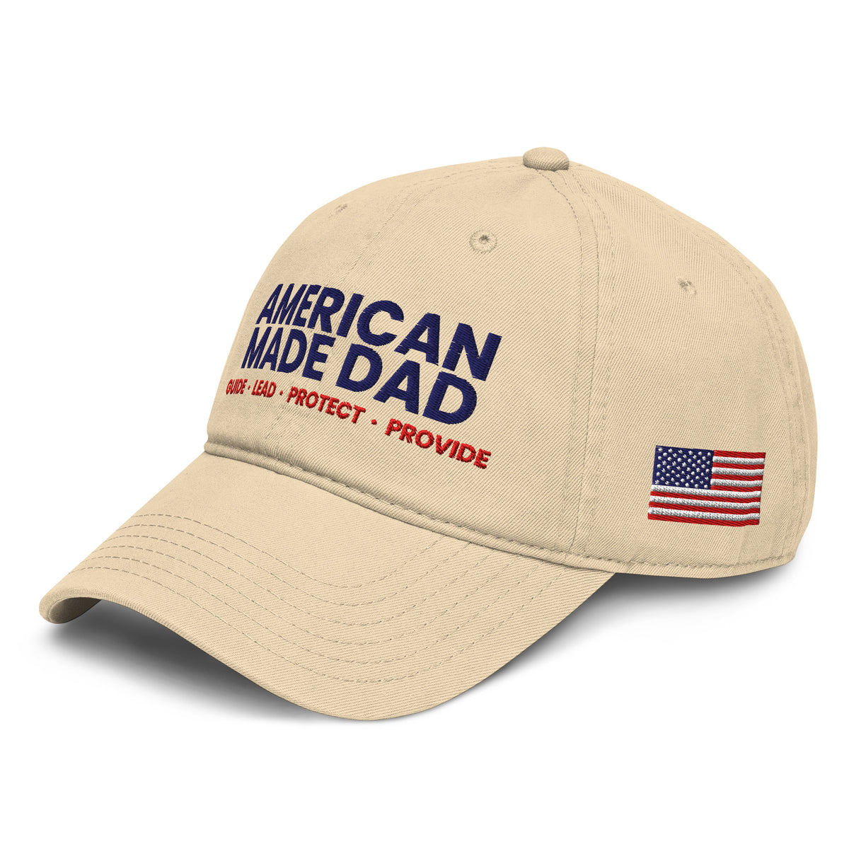 Left angle of a khaki garment washed cap with the embroidered compass on the front