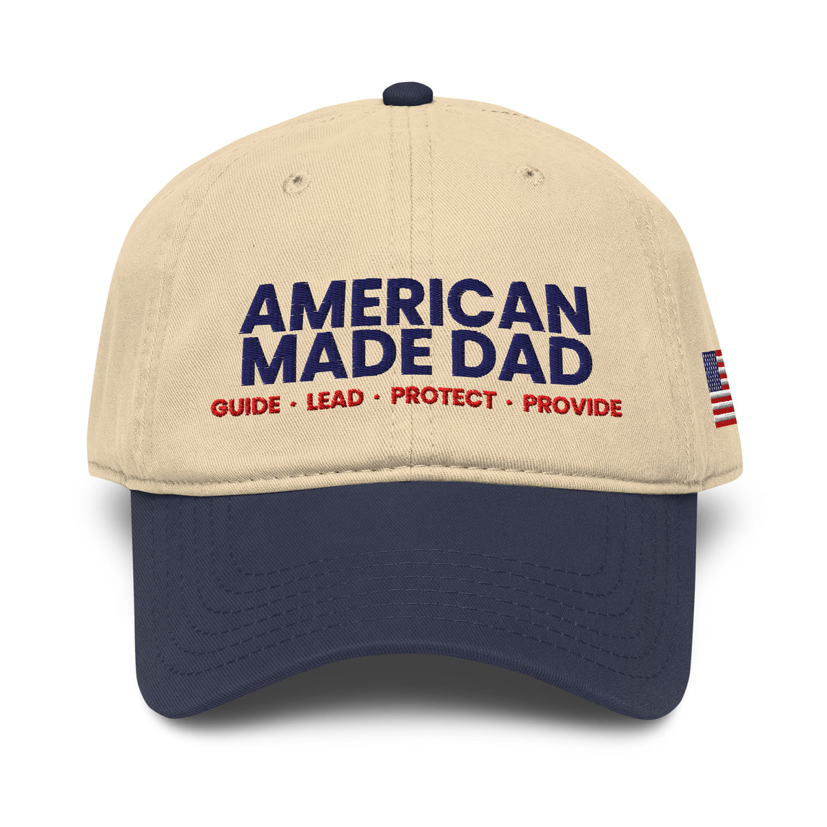 Front of a navy and khaki garment washed cap with the embroidered American Made Dad compass