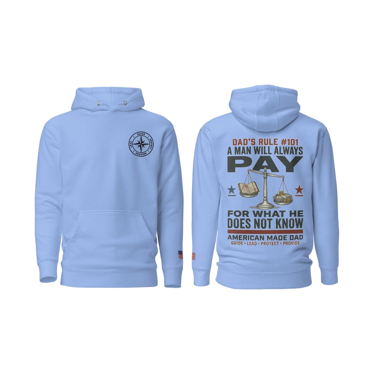 Dad's Rule #101 A Man Will Always Pay For What He Does Not Know, Carolina Blue, front and back
