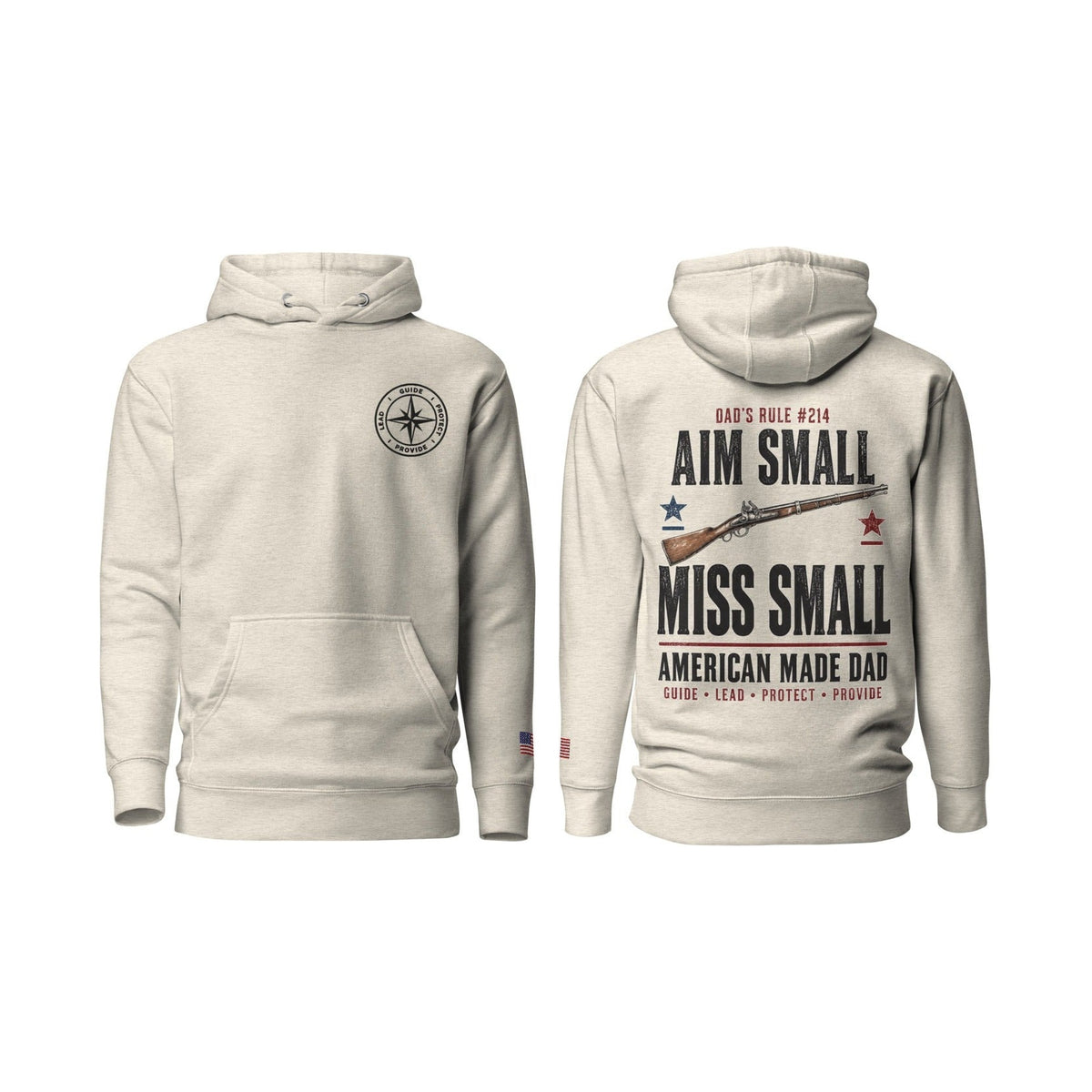 Dad's Rule #214 Aim Small Miss Small, Oatmeal Heather, front and back