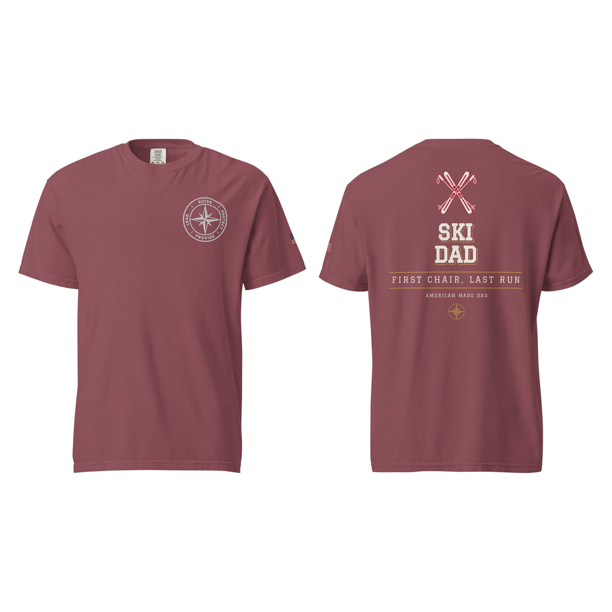 Ski Dad tee in Brick, front and back