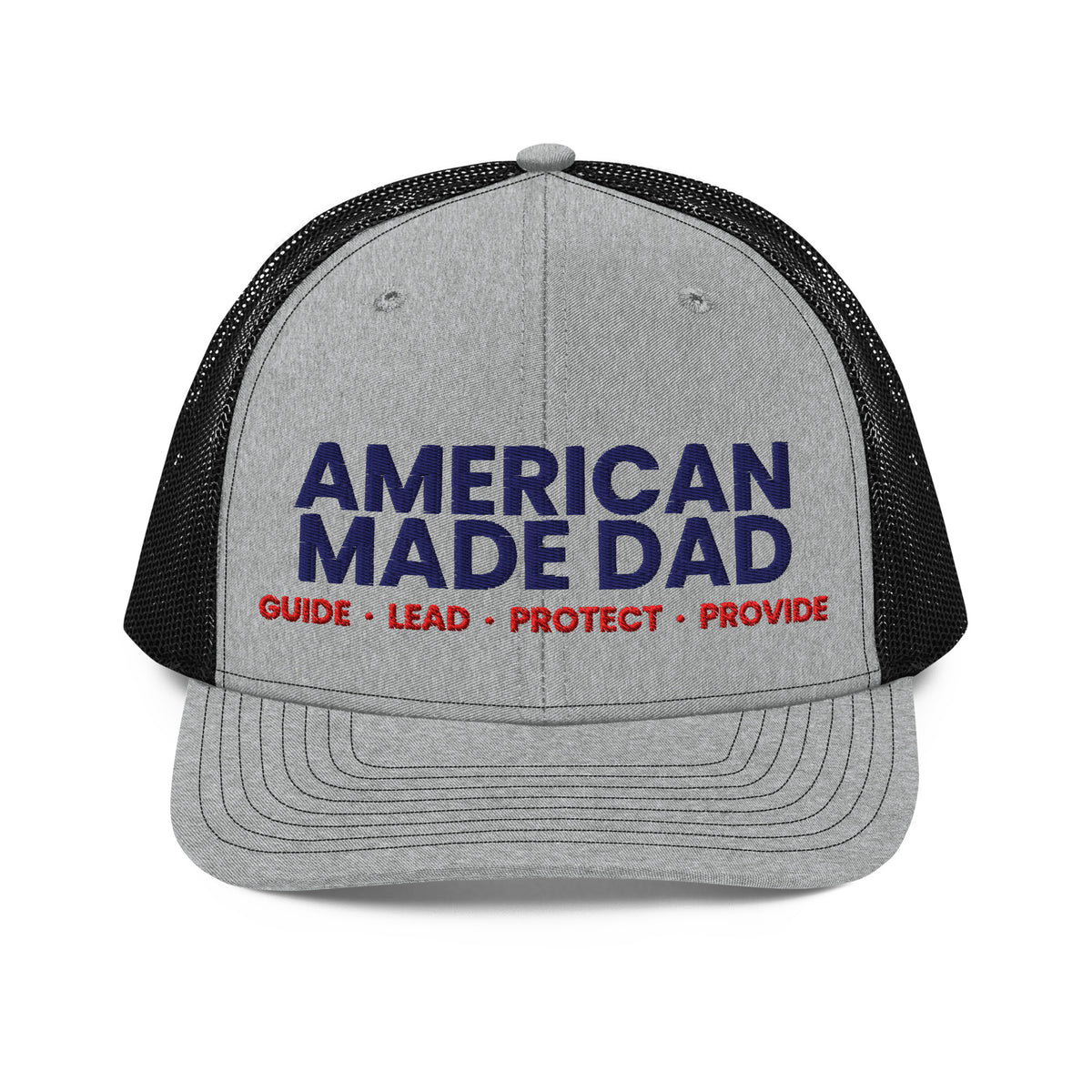 Front of a heather grey and black snapback trucker cap with the embroidered American Made Dad compass