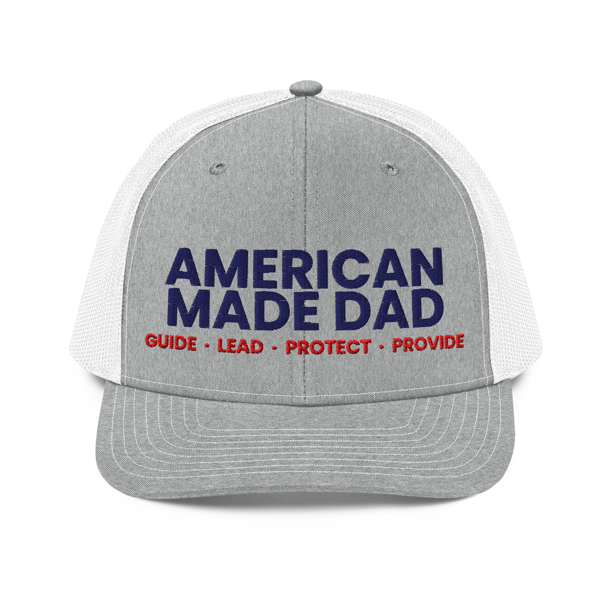 Front of a heather grey and white snapback trucker cap with the embroidered American Made Dad compass