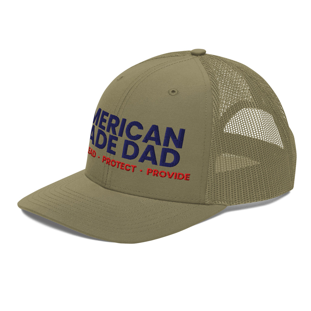 Left angle of a loden snapback trucker cap with the embroidered compass on the front