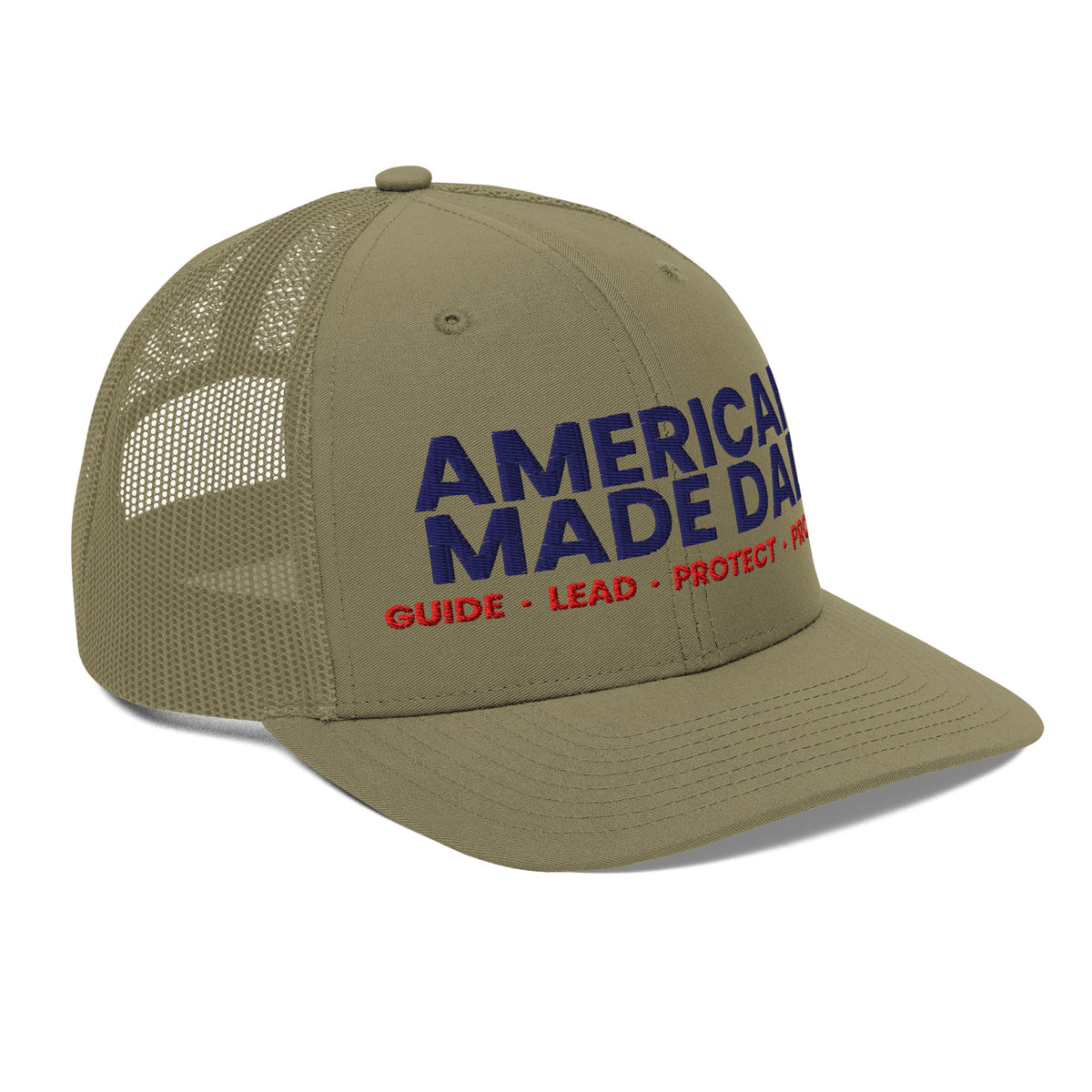 Right angle of a loden snapback trucker cap with the embroidered compass on the front