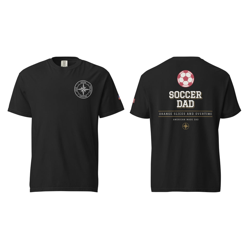 Soccer Dad tee in Black, front and back
