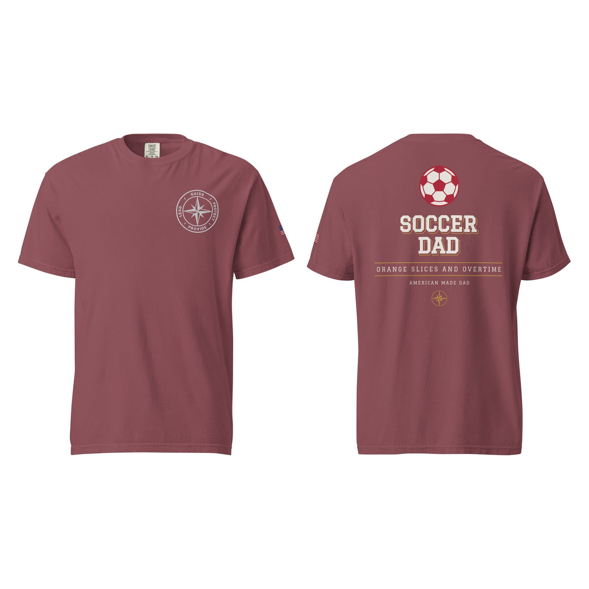 Soccer Dad tee in Brick, front and back