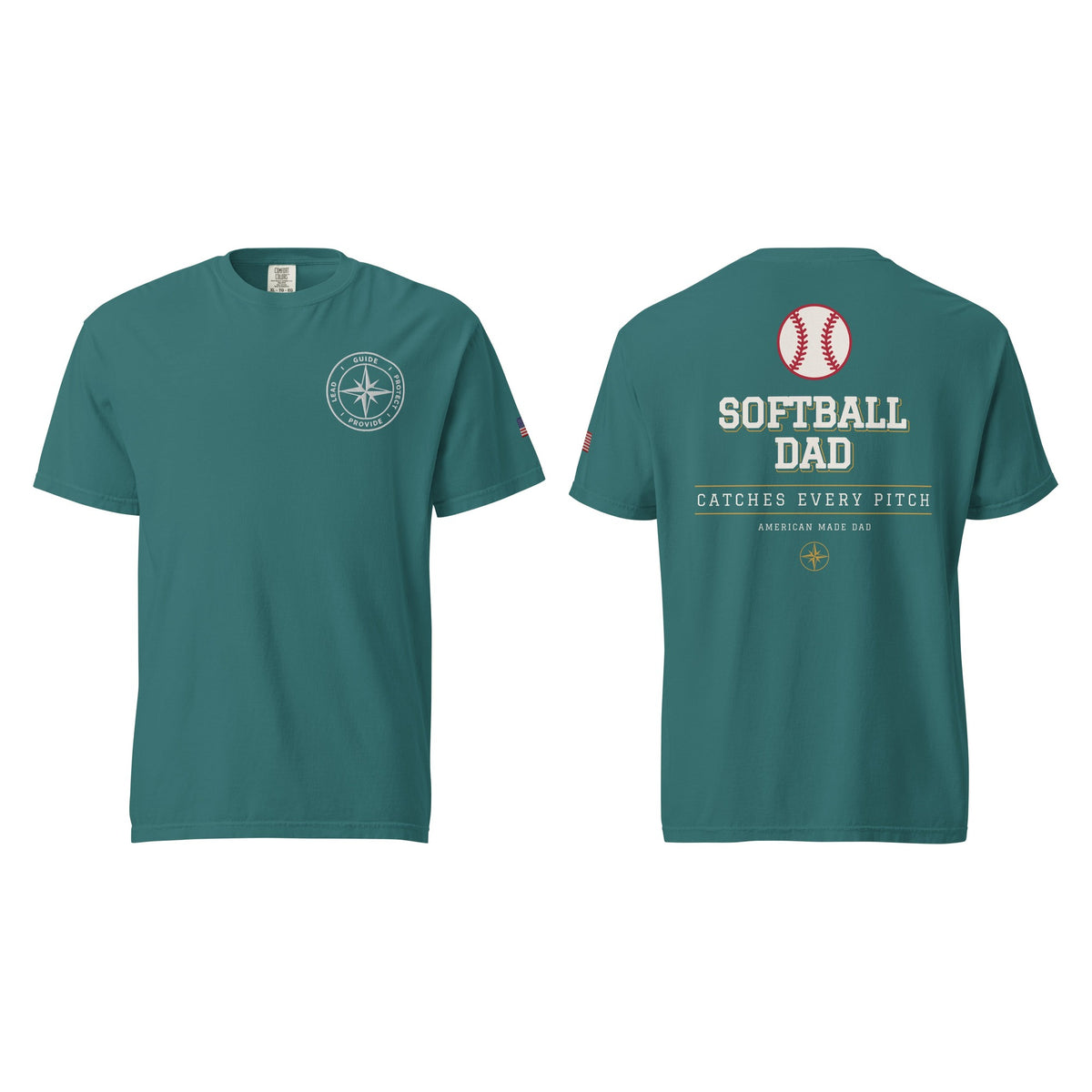 Softball Dad tee in Emerald, front and back