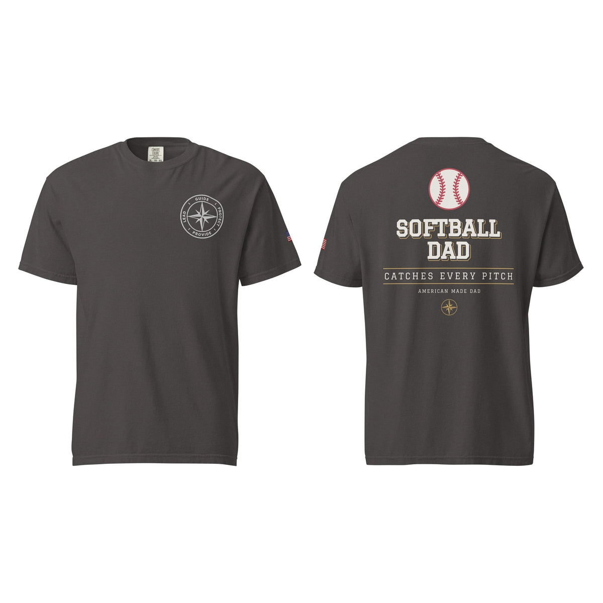 Softball Dad tee in Graphite, front and back