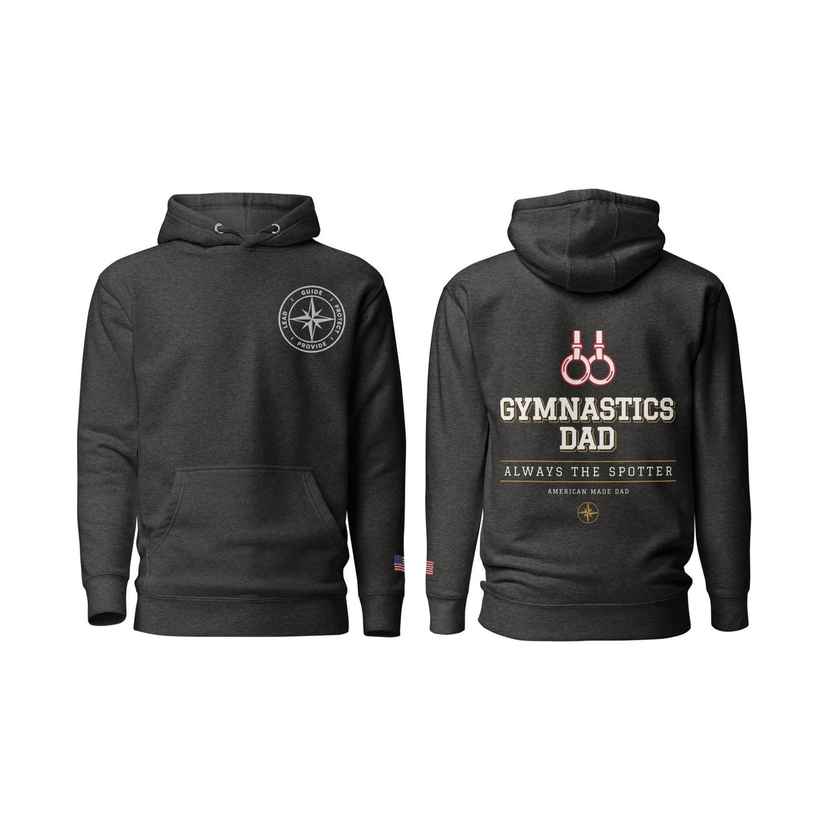 Gymnastics Dad Always the Spotter, Charcoal Heather, front and back