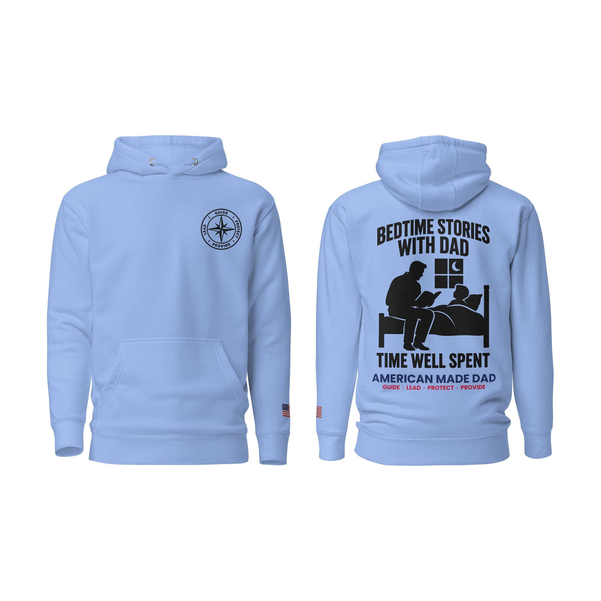 Bedtime Stories With Dad hoodie, Carolina Blue, front and back