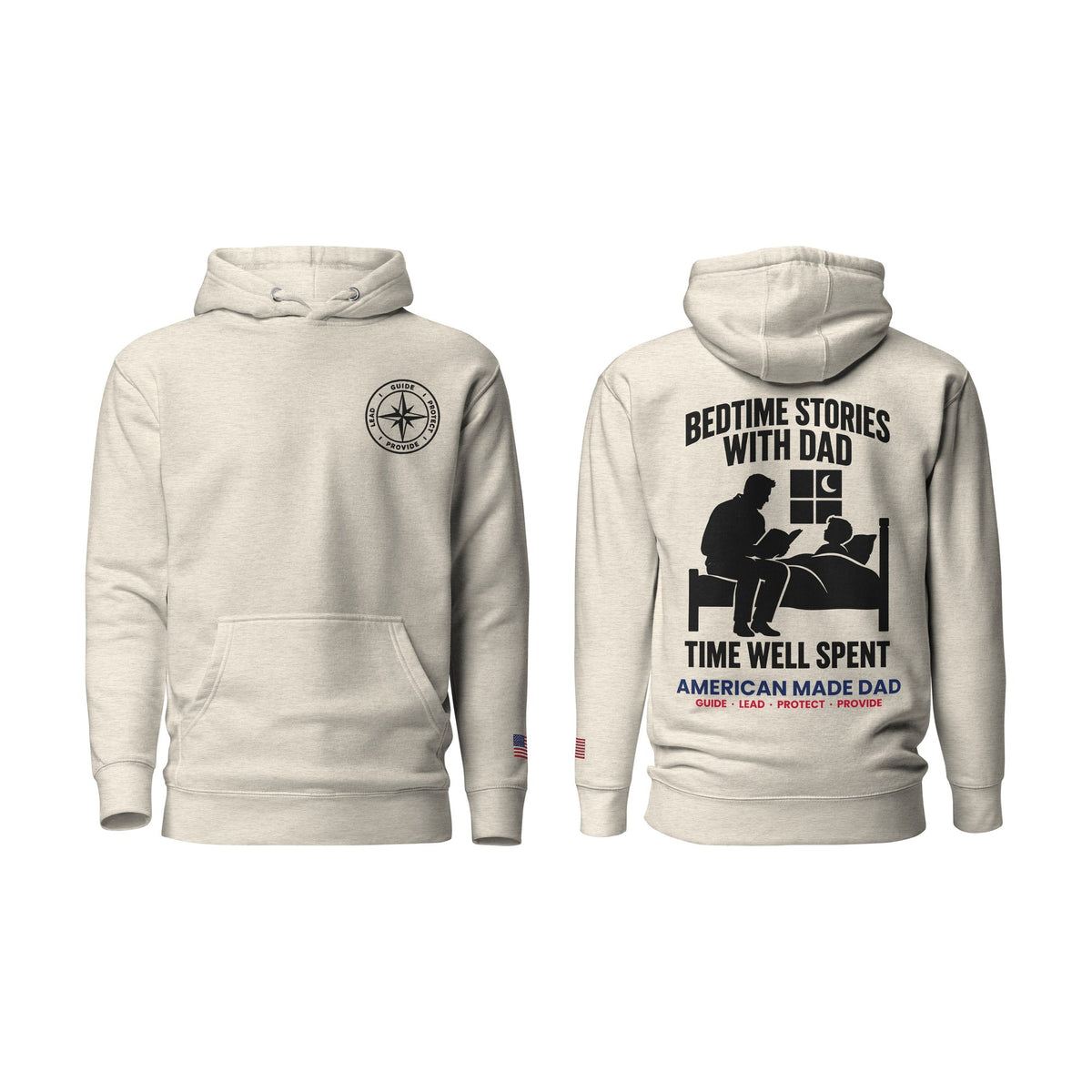 Bedtime Stories With Dad hoodie, Oatmeal Heather, front and back
