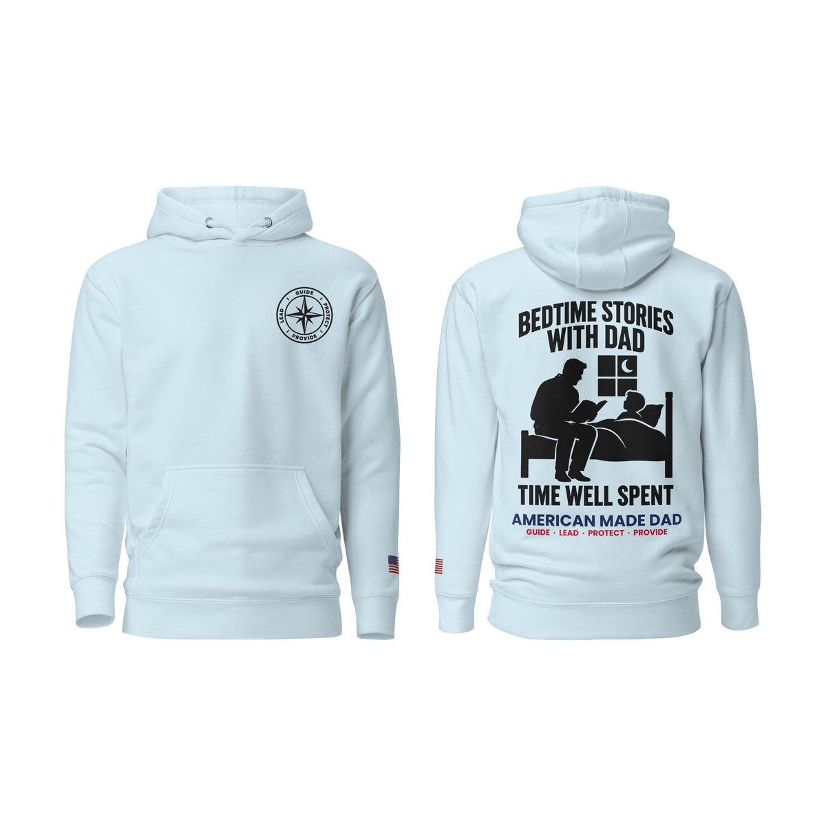 Bedtime Stories With Dad hoodie, Sky Blue, front and back