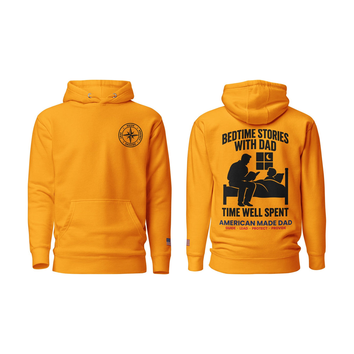 Bedtime Stories With Dad hoodie, Team Gold, front and back