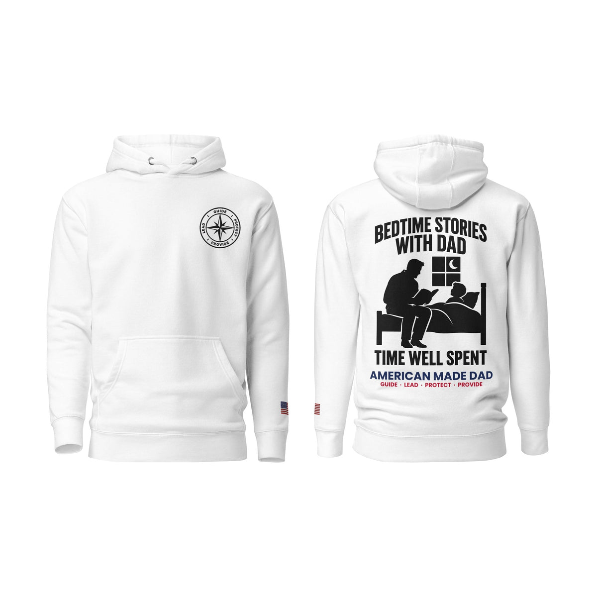 Bedtime Stories With Dad hoodie, White, front and back