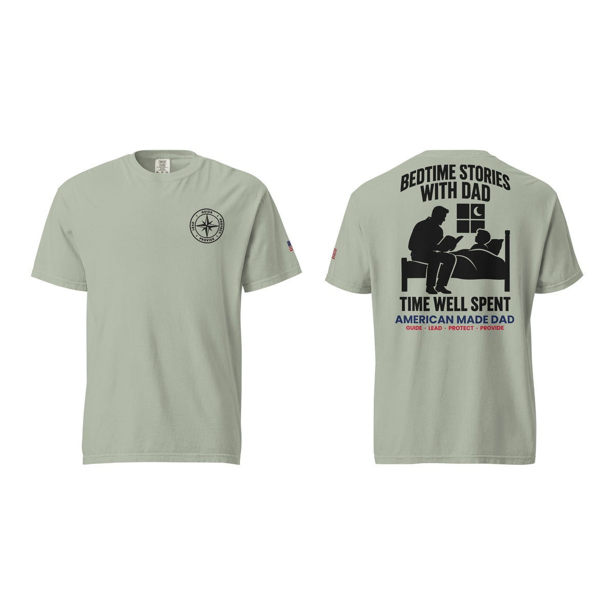 Bedtime Stories With Dad t-shirt, Bay, front and back