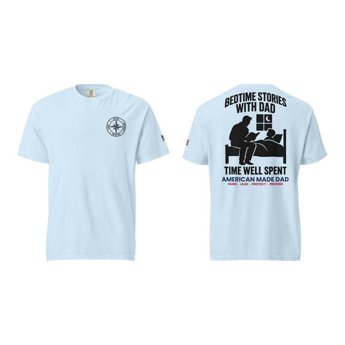 Bedtime Stories With Dad t-shirt, Chambray, front and back