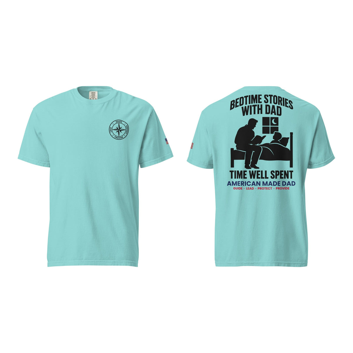 Bedtime Stories With Dad t-shirt, Lagoon Blue, front and back